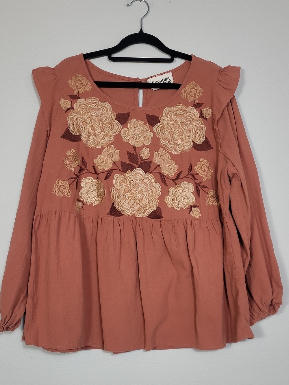Savanna Jane Embroidered Floral Ruffle Blouse Size 1X Boho Cotton Cottagecore